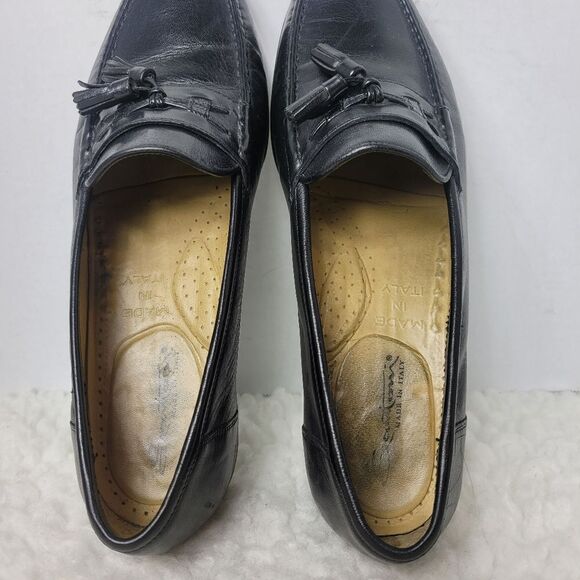 Santoni Men\'s Loafer Shoes Size 10 D Black Leather Round Toe Tassel Dress Shoes